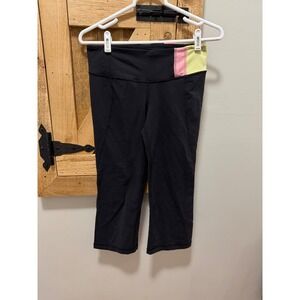 Lululemon Black Crop Leggings Neon Colorblock Waistband Ruched Back Size 6 #79